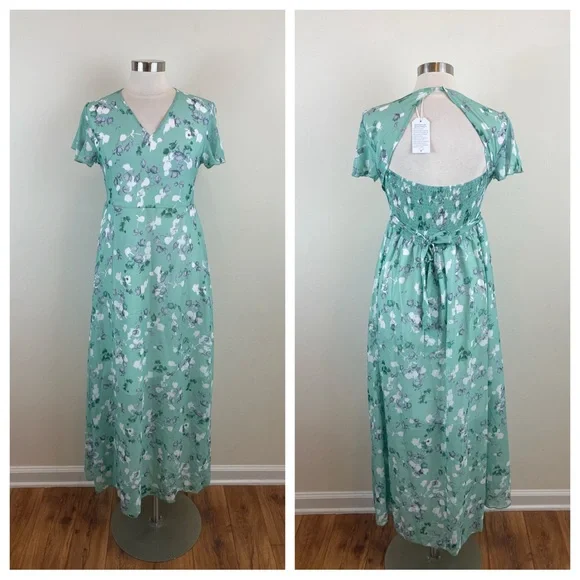 Green White Floral Maxi Boho Bohemian Long Dress New Women Medium - Picture 1 of 8